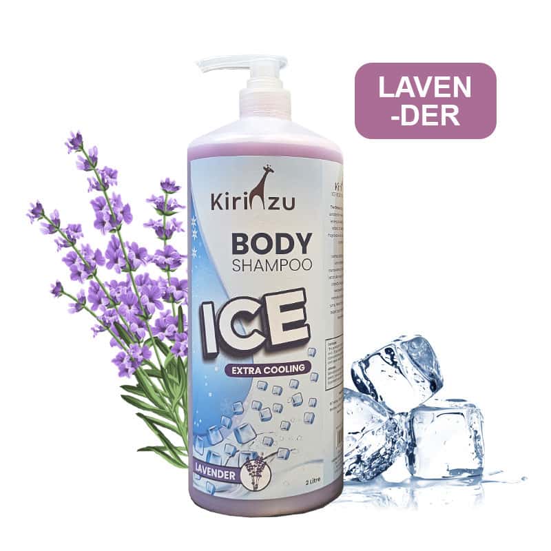 Kirinzu Ice Extra Cooling Body Shampoo 2 Litre Lavender / Goat Milk 4 kleenso A bottle of Kirinzu Ice Extra Cooling Body Shampoo 2 Litre Lavender / Goat Milk with lavender and ice cubes.
