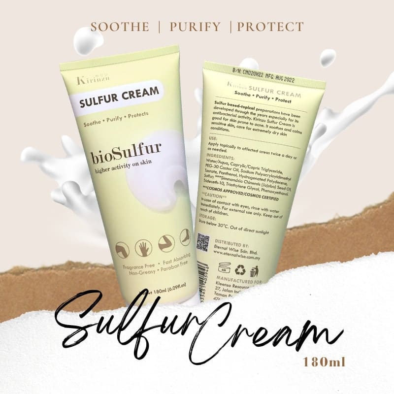Kirinzu Sulfur Cream 180ml Soothes Purifies Protects for Eczema 1 kleenso A tube of sulfur cream on a white background.