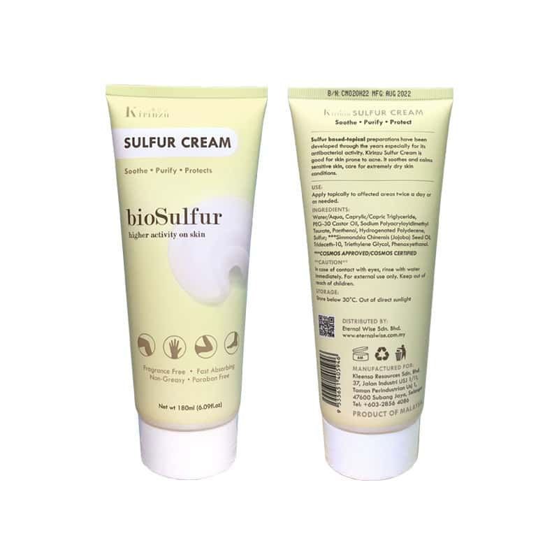 Kirinzu Sulfur Cream 180ml Soothes Purifies Protects for Eczema 5 kleenso A tube of sulfur cream on a white background.