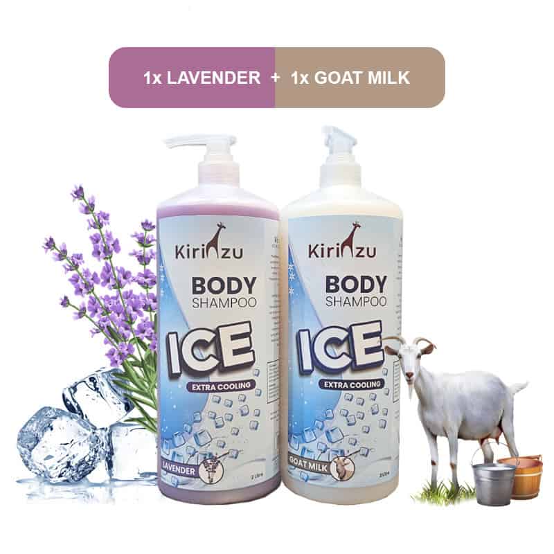 Kirinzu Ice Extra Cooling Body Shampoo 2 Litre Lavender / Goat Milk 2 kleenso A bottle of Kirinzu Ice Extra Cooling Body Shampoo 2 Litre Lavender / Goat Milk and a bottle of goat milk.
