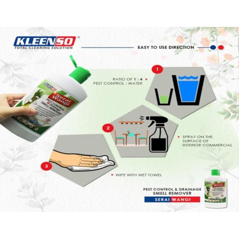 Kleenso Concentrated Serai Wangi Pest Control & Drainage Smell Remover 450ML Pengawal Pest & Pembuangan Bau Saliran 6 kleenso A bottle of kleen sanitizer with instructions on how to use it.