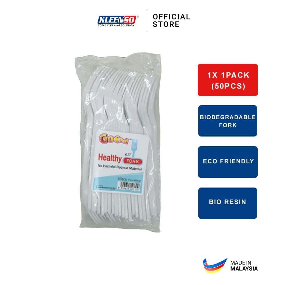 Goood Healthy Fork (50pcs/Pack) 2 kleenso A pack of white plastic forks in a bag.