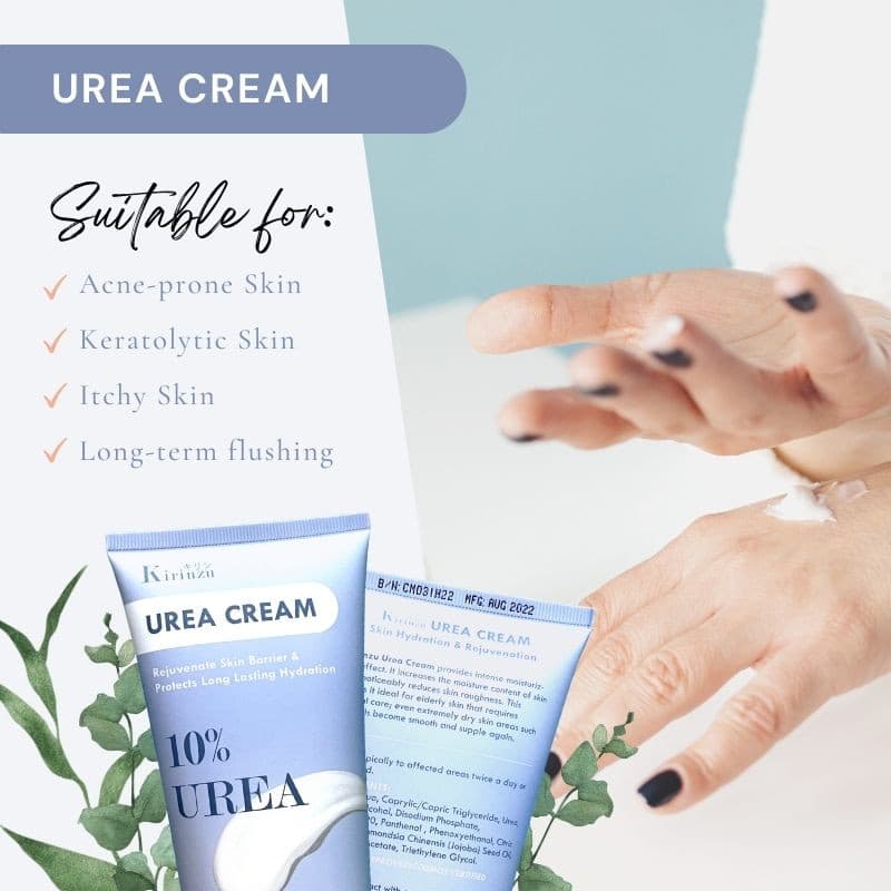 Kirinzu Urea Cream 180ml Rejuvenate Enhances Hydration Fragrance Free Paraben Free 4 kleenso A woman is holding a tube of urea cream.
