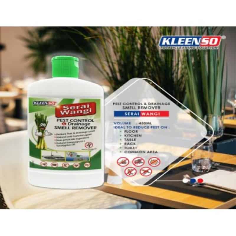 Kleenso Concentrated Serai Wangi Pest Control & Drainage Smell Remover 450ML Pengawal Pest & Pembuangan Bau Saliran 4 kleenso A bottle of klenen anti - bacterial cleaner with a picture of a table and chairs.