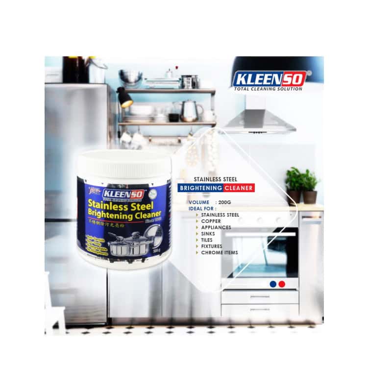 Kleenso Stainless Steel Brightening Cleaner 200g 5 kleenso A picture of a kitchen with a can of cleaning paste.