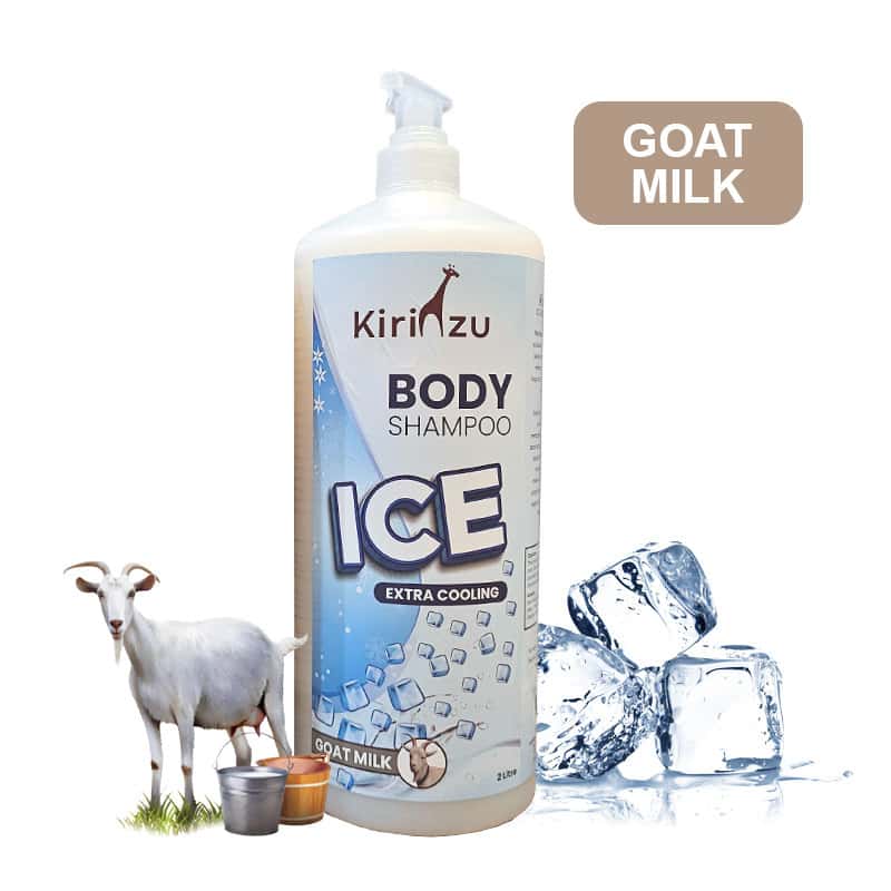Kirinzu Ice Extra Cooling Body Shampoo 2 Litre Lavender / Goat Milk 3 kleenso A bottle of Kirinzu Ice Extra Cooling Body Shampoo 2 Litre Lavender / Goat Milk with goats and ice cubes.