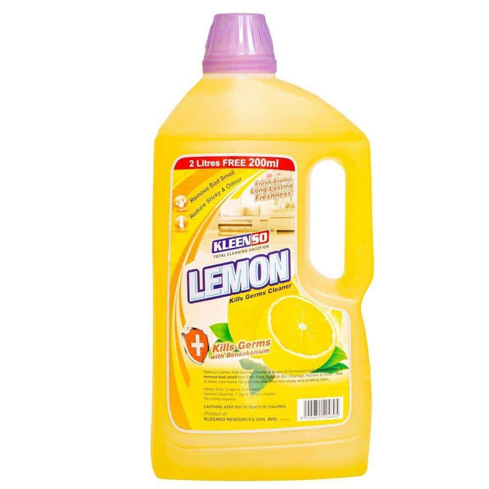 Kleenso 2.2L Lemon Kill Germs with Benzakonium Floor Cleaner - 2.2L (Litre) 2 kleenso A bottle of lemon cleaner on a white background.
