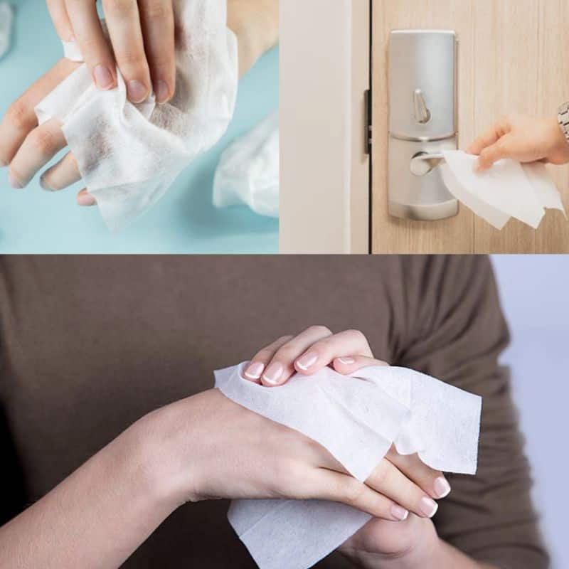 Kleenso 75% Alcohol Wet Wipes 12Pcs 4 kleenso Four pictures of people washing their hands with paper towels.