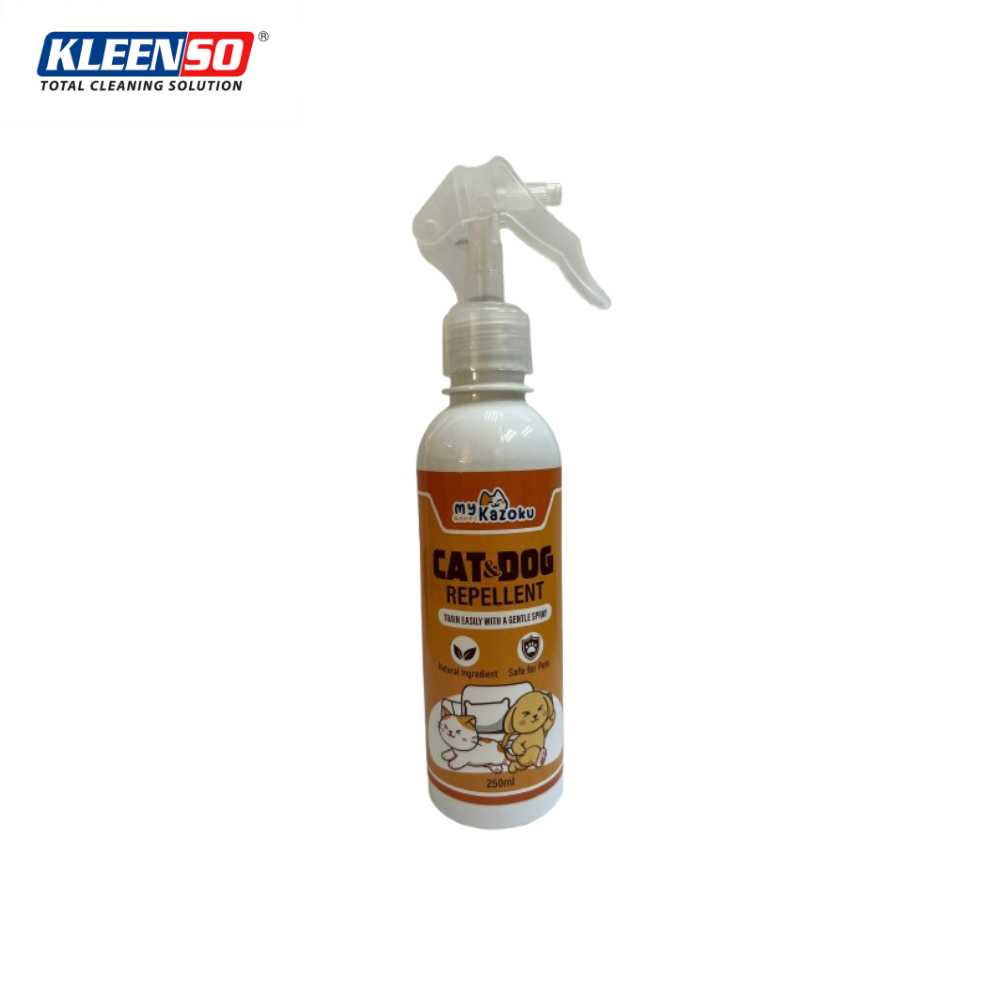 myKazoku Cat and Dog Repellent 250ML 1 kleenso Spray bottle labeled "myKazoku Cat and Dog Repellent 250ML" with a white nozzle and an orange-brown label featuring cartoon images of a cat and dog.