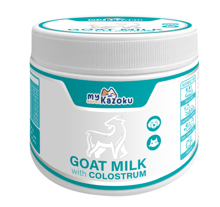 myKazoku Goat Milk with Colostrum Powder 250G 2 kleenso MyKazoku Goat Milk with Colostrum Powder 250G has a label with a white goat silhouette on blue and white, showing it's suitable for dogs and cats along with nutritional info.