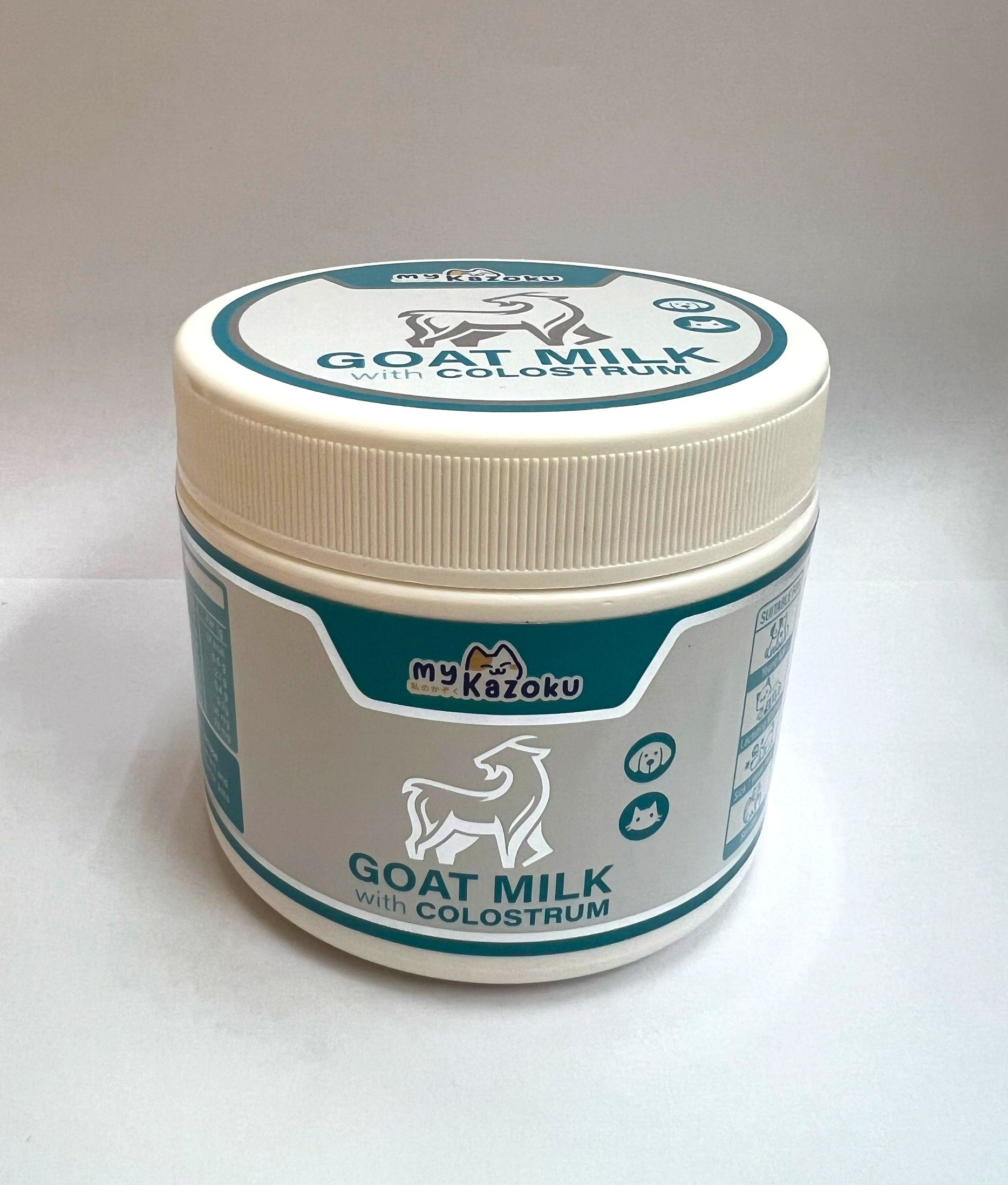 myKazoku Goat Milk with Colostrum Powder 250G 3 kleenso A container of myKazoku Goat Milk with Colostrum Powder 250G is displayed on a white surface.