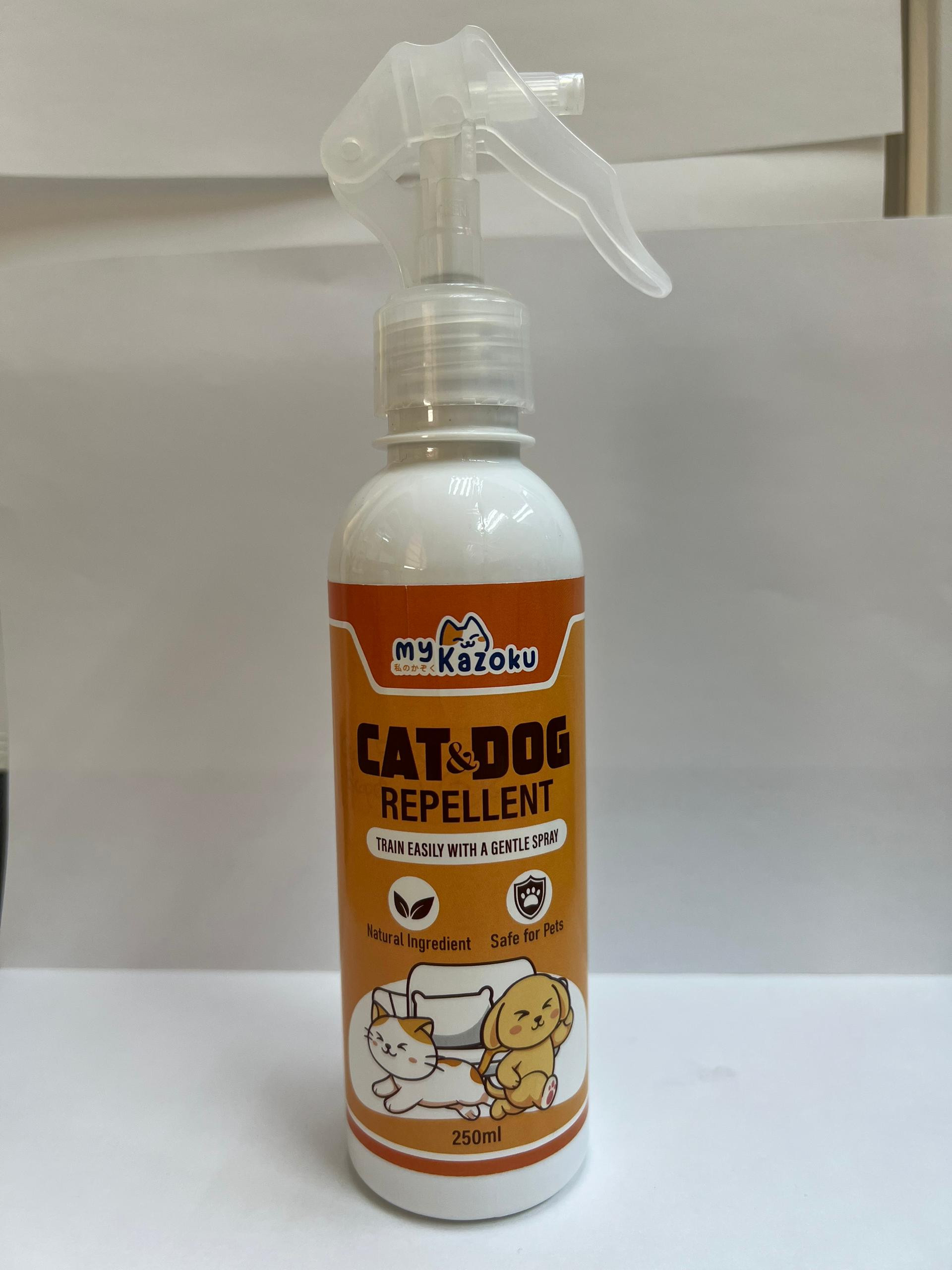 myKazoku Cat and Dog Repellent 250ML 3 kleenso A 250ml myKazoku Cat and Dog Repellent with a spray nozzle, featuring illustrations of a cat and dog on the label, claims to have natural ingredients and be safe for pets.