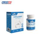 kleenso Box and bottle of myKazoku Hip and Joint Defence 100G supplements in a blue and white design, showcasing bone, joint, and hip illustrations. Brand name is visible on both the box and bottle.