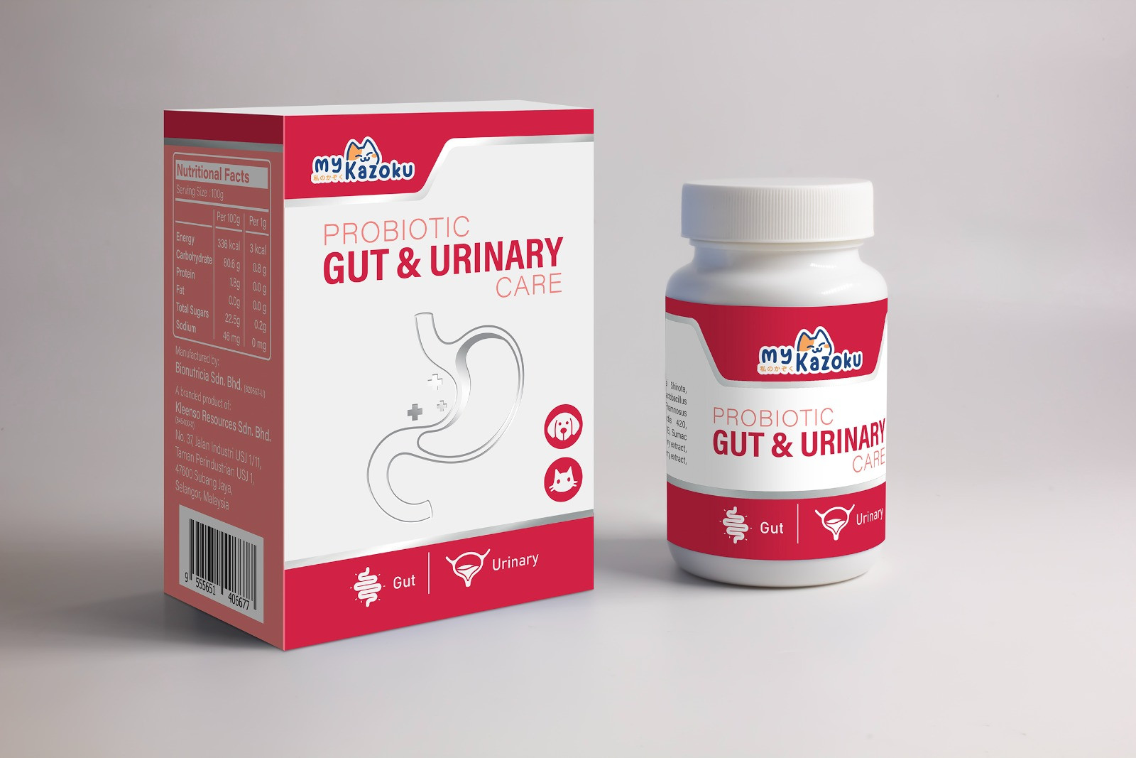 myKazoku Probiotics Gut and Urinary Care 100G 2 kleenso Packaging shown: box and bottle labeled "myKazoku Probiotics Gut and Urinary Care 100G" with icons for gut and urinary health.