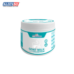 kleenso White container labeled "myKazoku Goat Milk with Colostrum Powder 250G," featuring a goat icon and product details.