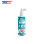 kleenso MyKazoku Wound and Skin Care 100ML bottle, featuring dog and cat illustrations, is designed for soothing, antibacterial, and repairing purposes.
