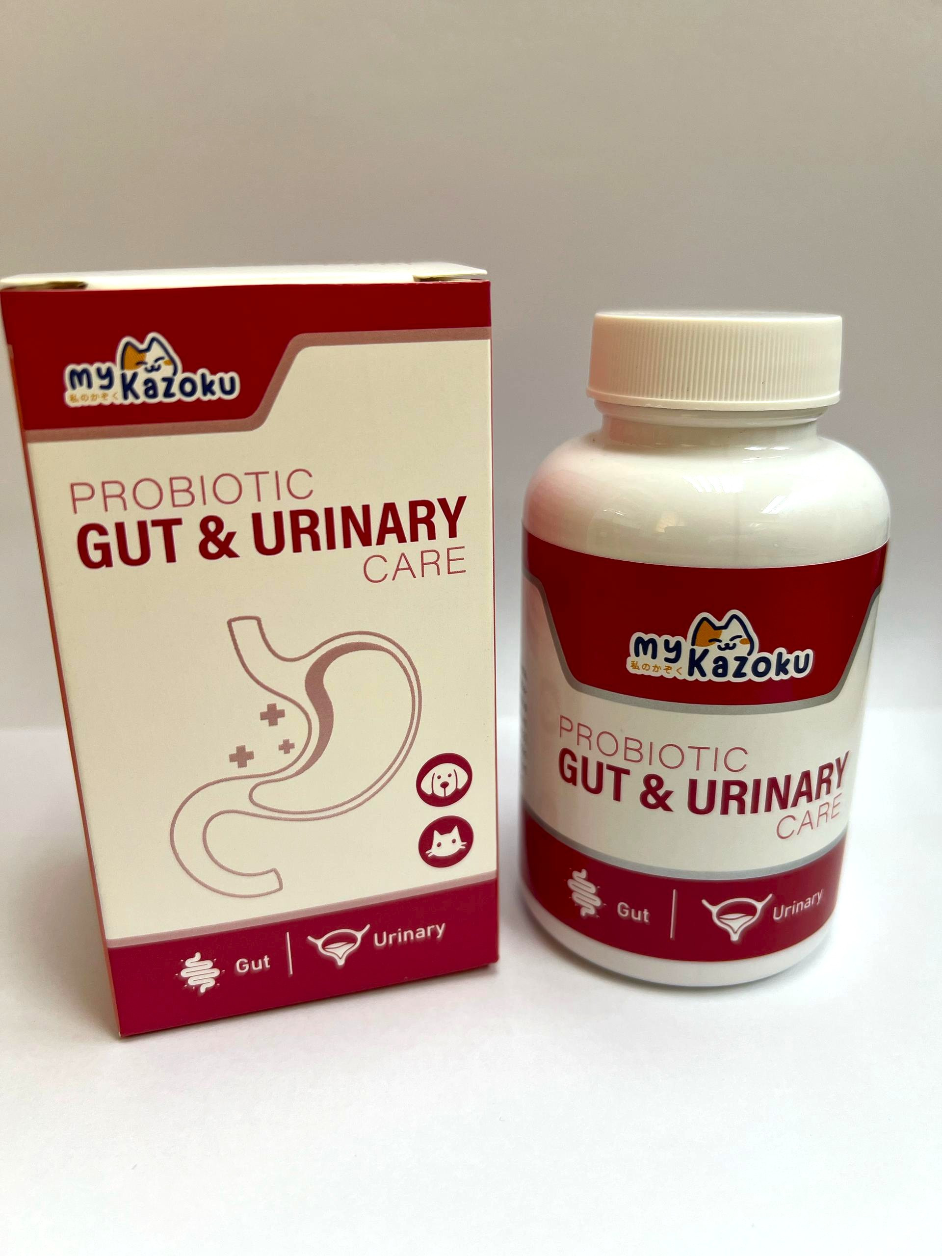 myKazoku Probiotics Gut and Urinary Care 100G 3 kleenso The myKazoku Probiotics Gut and Urinary Care 100G bottle and box are designed in red and white, featuring a stomach outline and icons for gut and urinary health.