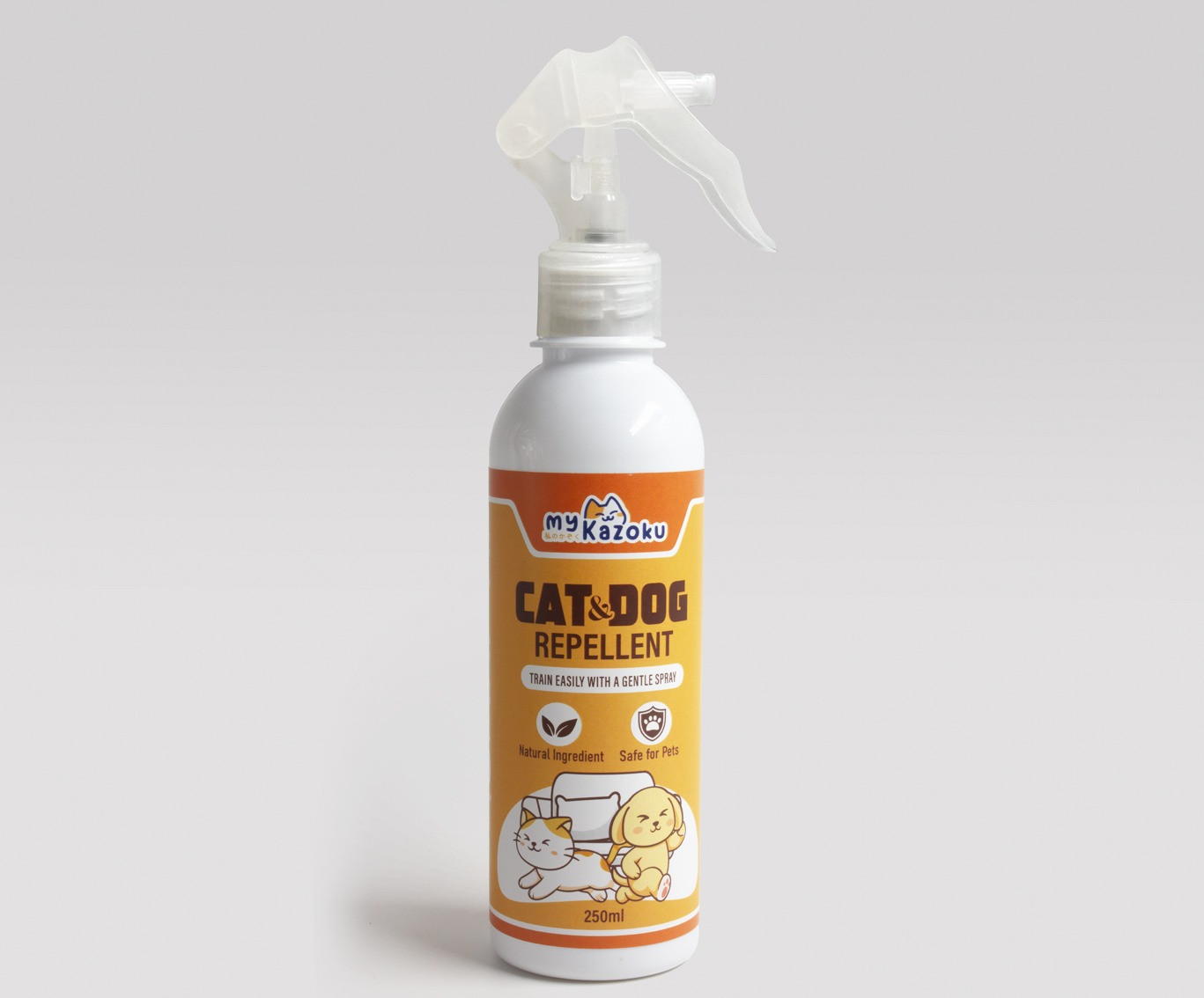 myKazoku Cat and Dog Repellent 250ML 2 kleenso A 250 ml myKazoku Cat and Dog Repellent bottle with a spray nozzle, labeled as natural and pet-safe.
